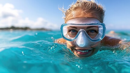 Naklejka premium A woman is snorkeling in the clear ocean waters, wearing goggles and enjoying the underwater world, highlighting adventure and exploration on a bright sunny day.