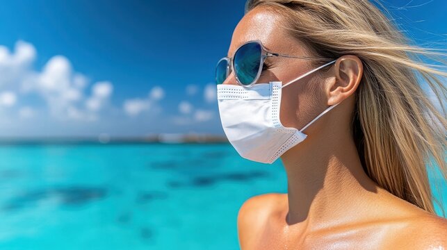 A woman enjoys her time at the beach, wearing a white face mask and sunglasses, embodying the summer vibes and safety measures under the radiant sun. - Powered by Adobe