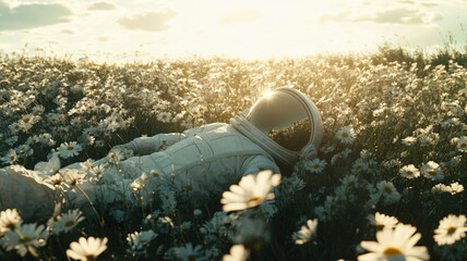 Tranquil Daydream - Astronaut Resting Amidst Serene Daisy Field