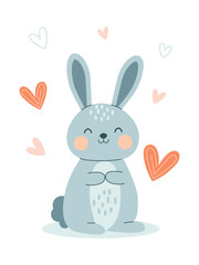 Fototapeta premium Gray cute bunny in hearts isolated on white background