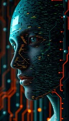 A pixelated abstract face blending human features with glitch effects, merging into lines of code, set against a glowing circuitry background.