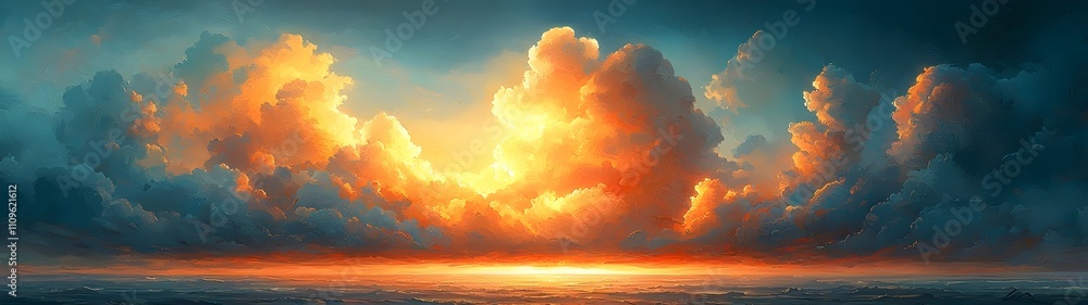 Poster a breathtaking view of a sunset with billowing clouds illuminated in warm hues of orange and gold, c