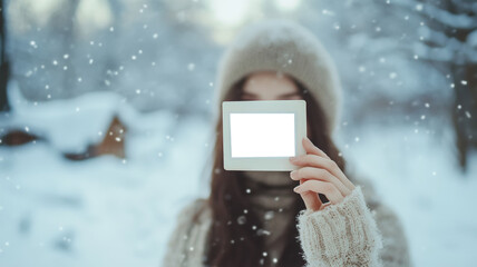 Woman holding a photo frame with cut-out background in a snowy winter forest