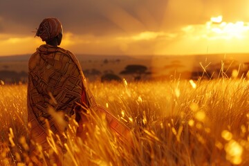 Fototapeta premium A serene figure overlooks golden fields during a stunning sunset.