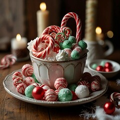 A festive display of colorful Christmas candies, toffees, chocolates, and sugar canes, capturing the sweet spirit of Christmas cheer.