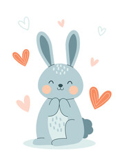Gray cute bunny in hearts isolated on white background