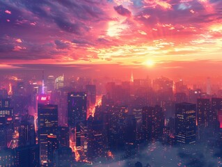Obraz premium A vibrant sunset over a bustling city skyline, showcasing urban beauty.