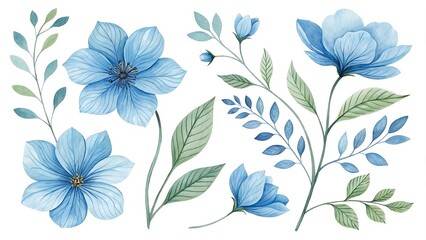 Fototapeta premium Watercolor blue Flower and leaf