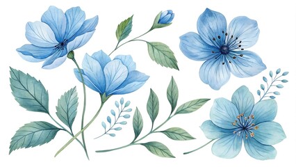 Obraz premium Watercolor blue Flower and leaf