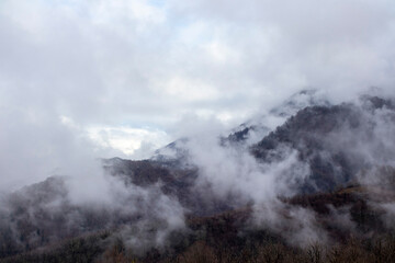 A majestic mountain is shrouded in fog and clouds on a gloomy day