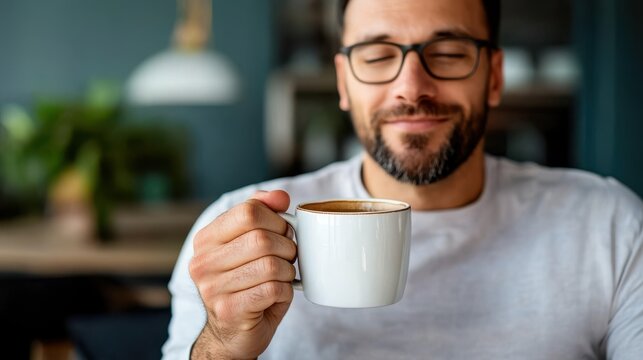 A content man with glasses joyfully sips from his coffee mug, eyes closed, in a bright, modern kitchen, evoking a sense of warmth and relaxation in the morning. - Powered by Adobe