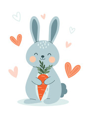 Gray cute bunny with carrot in hearts isolated on white background