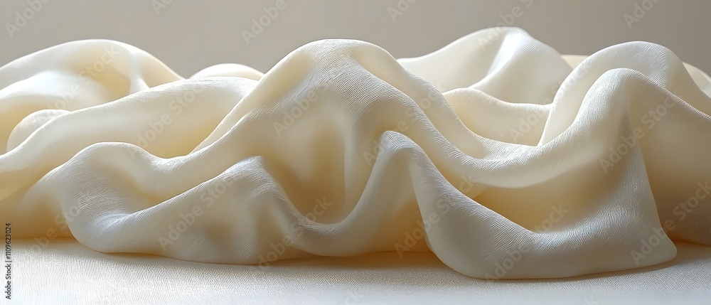 Poster a close-up of elegant ivory fabric draped in soft, flowing waves, creating a serene and delicate moo