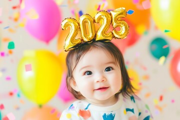 party baby with a "2025" golden foil balloon headpiece, holographic confetti, festive mood, fun party time for New Year