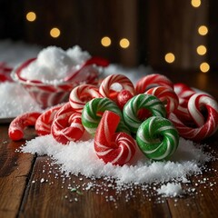 A festive display of colorful Christmas candies, toffees, chocolates, and sugar canes, capturing the sweet spirit of Christmas cheer.