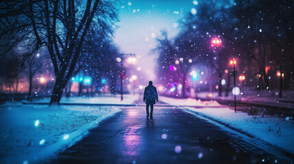 Solitary figure walking on a snowy path at night, illuminated by vibrant city lights and falling snowflakes