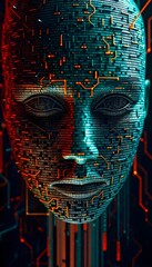 A pixelated abstract face blending human features with glitch effects, merging into lines of code, set against a glowing circuitry background.