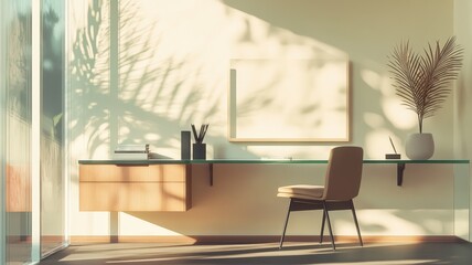 Fototapeta premium A serene workspace featuring a minimalist desk, a chair, and decorative elements, illuminated by soft natural light and shadow patterns.