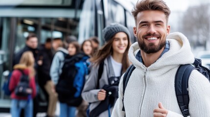 A young man, warmly dressed in a white hoodie, gives a thumbs-up gesture, standing outside with a group of people queuing by a bus on a cold day.