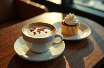 World map made of cinnamon on cappuccino foam. Cup of coffee, dessert, boarding passes. Travel concept. Cappuccino at the airport
