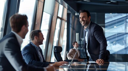 Smiling businessman guiding team of corporate leaders through major business transformation stateoftheart boardroom scene highlights leadership vision ability to drive change in a corporate setting