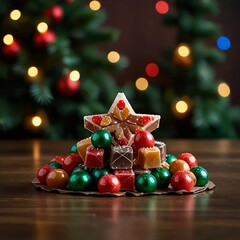A festive display of colorful Christmas candies, toffees, chocolates, and sugar canes, capturing the sweet spirit of Christmas cheer.