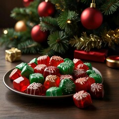 A festive display of colorful Christmas candies, toffees, chocolates, and sugar canes, capturing the sweet spirit of Christmas cheer.