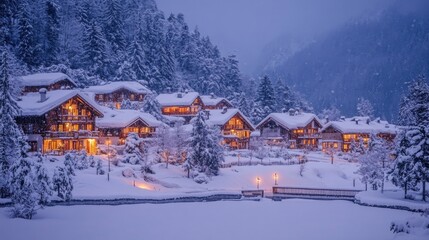 Snowy Mountain Village with Illuminated Cottages