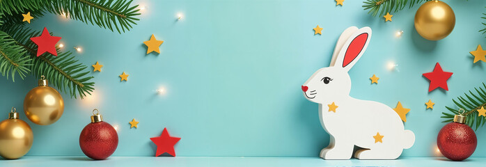 Fototapeta premium Children's Christmas banner. A white wooden rabbit, red and yellow stars, balls, fir branches are on a blue background. Copy space