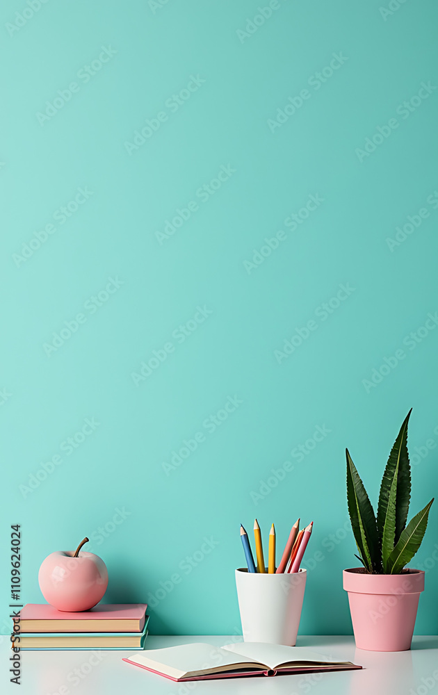 Aufkleber This stunning setup transforms your learning space with a top view of girlish essentials against a teal backdrop and empty space for text._00003_