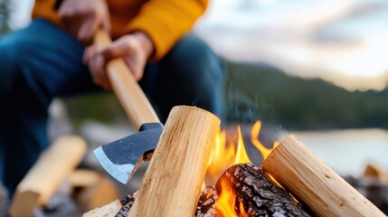 An individual chops wood with an axe beside a lake, with the logs already enveloped in flames, emphasizing resourcefulness and outdoor skills.