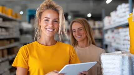 Two women in a warehouse setting, both wearing casual clothing, smiling and holding tablet devices, possibly engaged in digital inventory management.