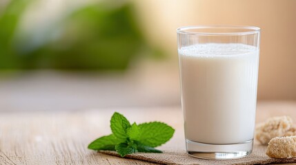 A classic clear glass of milk is simply presented on a wooden table, accompanied by fresh sprigs of mint, representing purity, simplicity, and health.