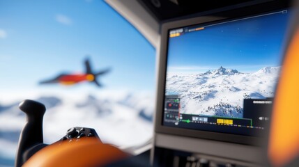 A flight simulator cockpit shows a winter landscape on its screen with a futuristic aircraft in the distance, highlighting technology and adventure in gaming.