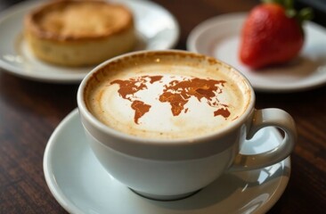 World map made of cinnamon on cappuccino foam. Cup of coffee, dessert, boarding passes. Travel concept. Cappuccino at the airport