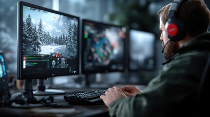A tactical winter warfare game is played on multiple monitors, illustrating strategy and realism in gaming with a snowy environment and military themes.