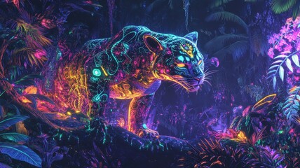 A vibrant, neon-lit jaguar prowls through a lush, colorful jungle, blending natural beauty with an electric, surreal aesthetic.