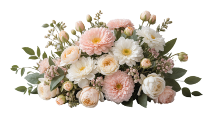 Delicate Floral Arrangement: Soft blush and ivory roses and dahlias, arranged with lush greenery, create a romantic and elegant centerpiece for a wedding, special occasion, or home decor.  