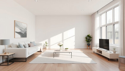 Fototapeta premium A Bright and Airy Living Room with a White Sectional Sofa and Large Windows