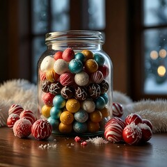A festive display of colorful Christmas candies, toffees, chocolates, and sugar canes, capturing the sweet spirit of Christmas cheer.