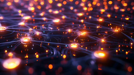 Fototapeta premium A glowing network of orange and blue lights connected by intricate threads, representing a futuristic web of energy and data flow.