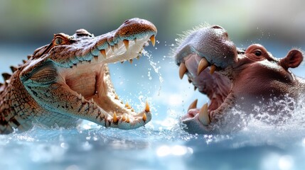 In a powerful display of nature, a crocodile and hippo clash with open mouths in water, emphasizing predator rivalry, strength, and the rawness of wildlife.
