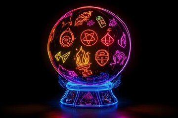 A neon digital artwork featuring a crystal ball adorned with magical symbols on a dark background.