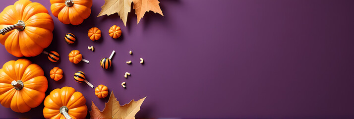 A festive arrangement of pumpkins, candy, and autumnal decorations on a rich purple background for various Halloween concepts._00001_