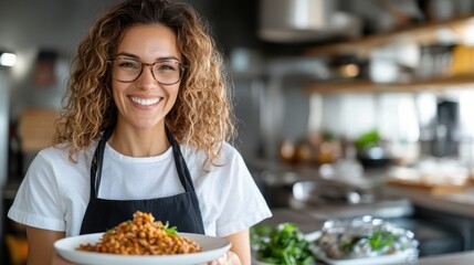A joyful woman with curly hair, wearing glasses and an apron, proudly holds a plate of food in a modern kitchen setting. Happiness and culinary art are highlighted.