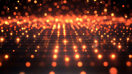 Fototapeta premium A grid of glowing orange dots forming a radiant digital surface, symbolizing data points or futuristic tech.