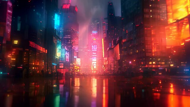 A digital painting of a rainy street in a cyberpunk city at night