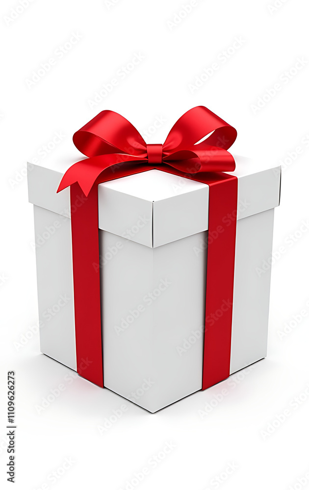Poster a photo shows a rectangular gift box tied with a red ribbon and a bow on an isolated white backgroun