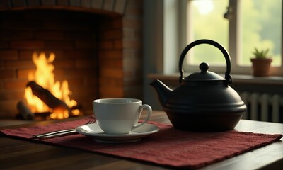 Hands in cozy sweater holding cup of warm tea on background of burning fireplace close up, autumn hygge. Heating house with wood burning stove. Relaxing and warming up at rustic fireplace