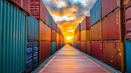 Vibrant colors reflect the sunset as shipping containers line the pathway, creating a striking urban landscape at twilight